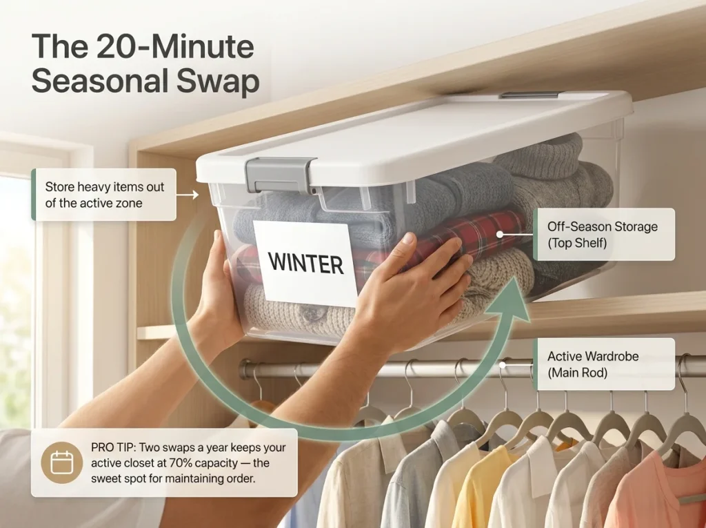 Infographic showing hands placing a labeled winter storage bin on a high closet shelf during a seasonal rotation routine