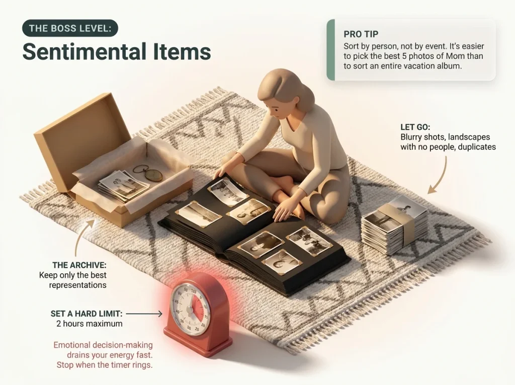 Infographic showing the final stage of Swedish death cleaning handling sentimental items with time limit warnings