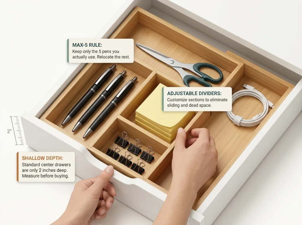 Infographic showing an organized shallow desk drawer with bamboo dividers and labeled daily use categories