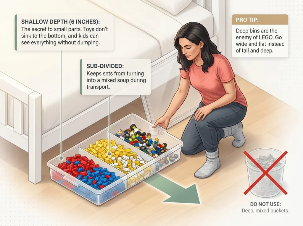 Infographic showing proper shallow bin usage for small toys with labeled sorting compartments to prevent mixing