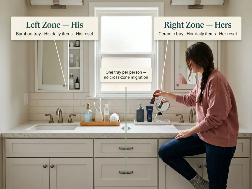 Lifestyle shot of a double-sink vanity with two distinct organized counter zones — bamboo tray left, ceramic tray right — demonstrating the shared bathroom two-zone organization system