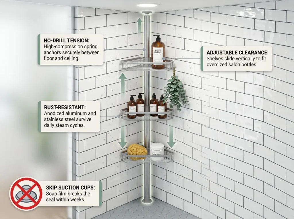 Infographic showing a tension pole shower caddy with labeled adjustable shelves, floor-to-ceiling mounting, and rust-resistant materials