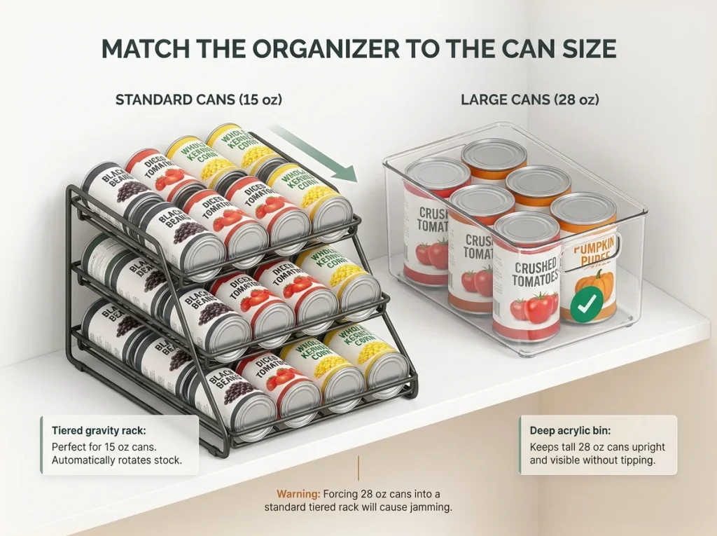 Infographic showing standard cans in a tiered rack beside large cans in a deep clear bin on a pantry shelf