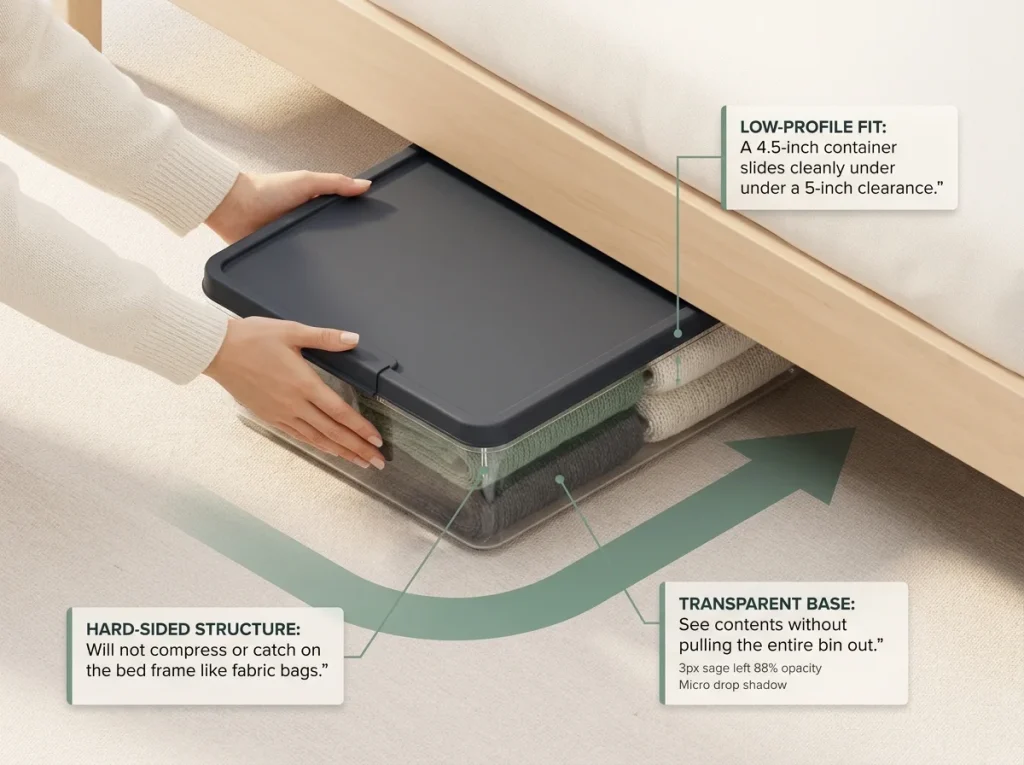 Infographic showing hands sliding a 4.5-inch flat storage container under a tight platform bed frame