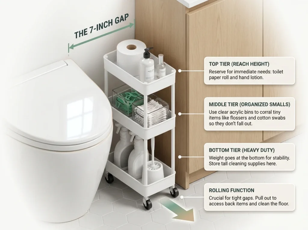 Infographic showing a slim 3-tier rolling cart fitting into a 7-inch bathroom gap organized with daily essentials