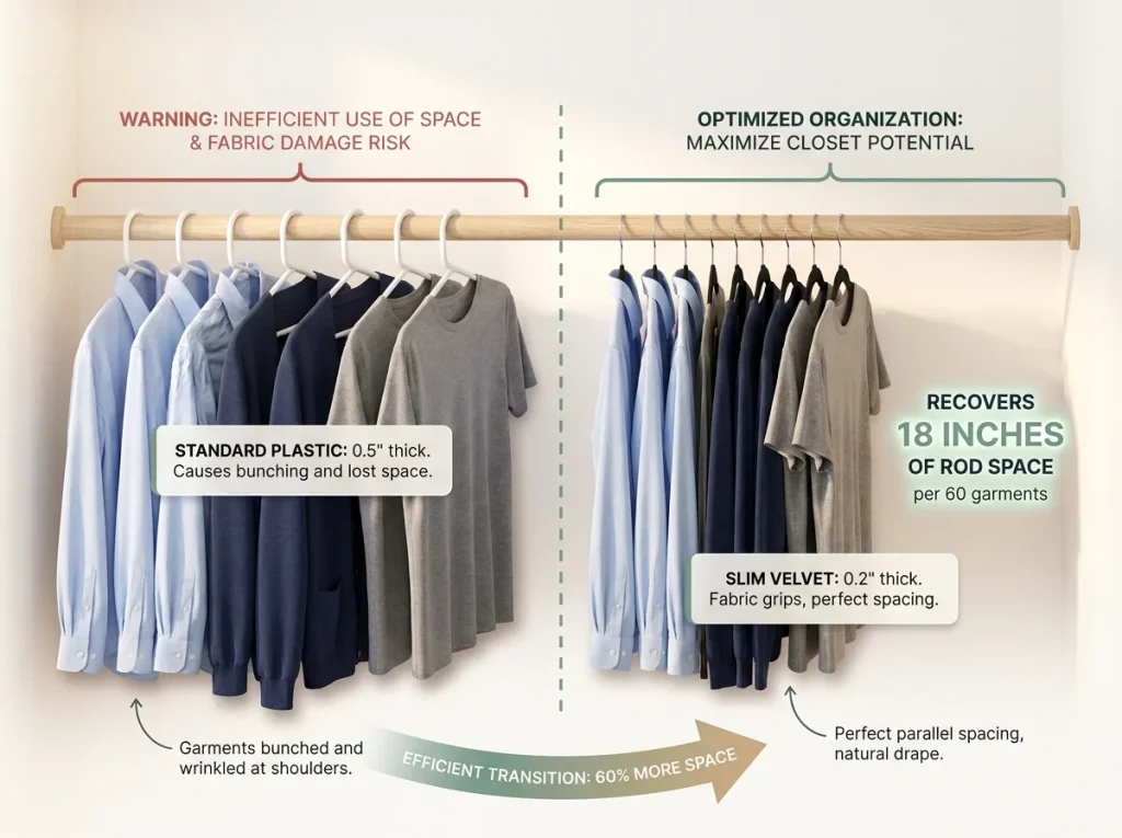 5 Slim Hangers Tested — One Freed 11 Inches of Rod 2 Infographic comparing standard plastic hangers vs slim velvet hangers showing 18 inches of recovered closet rod space