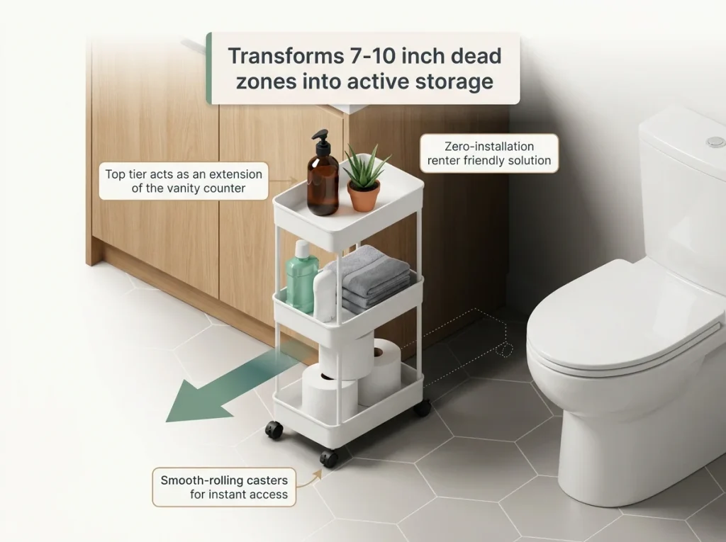 Infographic showing a slim 3-tier rolling cart pulled out from a narrow gap between a bathroom toilet and vanity