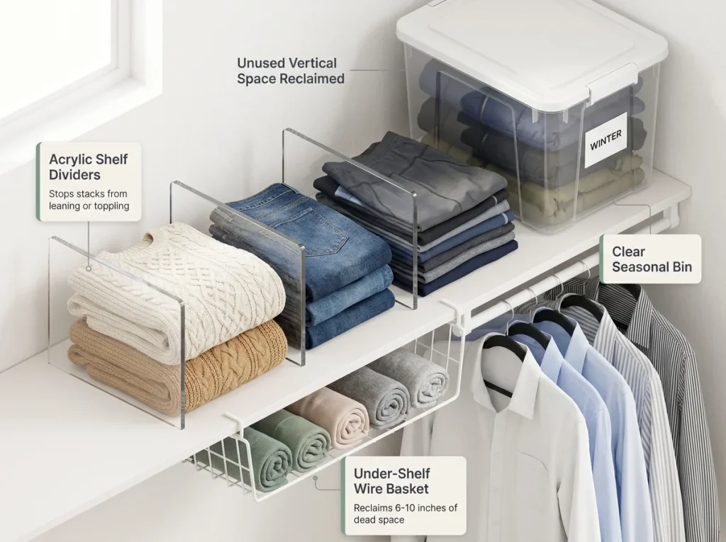 Infographic showing an organized small closet shelf featuring acrylic dividers, under-shelf wire baskets, and clear seasonal storage bins