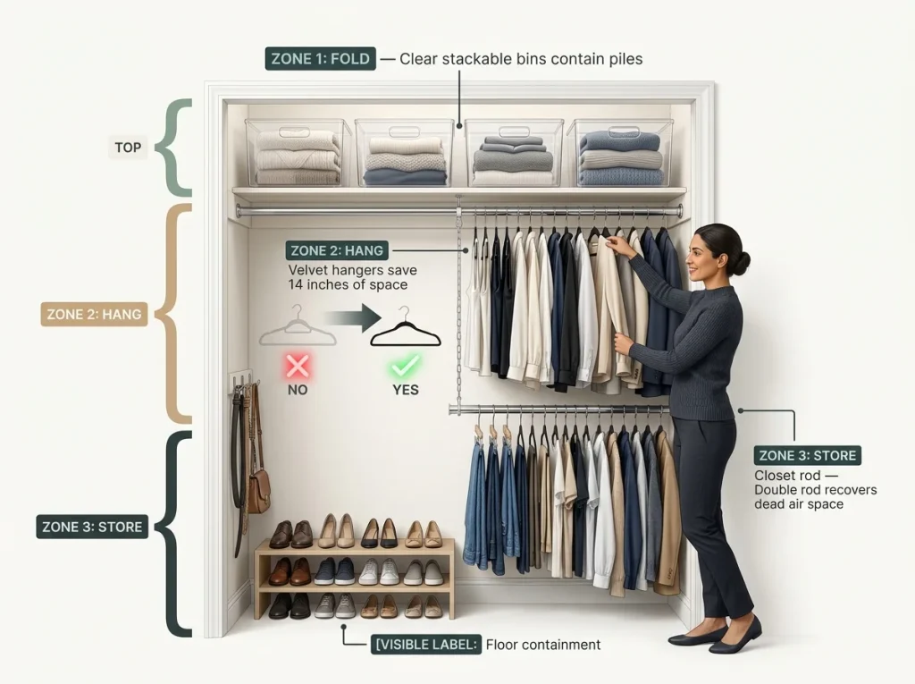 Infographic showing a three-zone closet organization system with double rods and velvet hangers