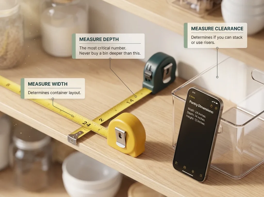Infographic showing close-up of tape measures inside a small pantry with a phone displaying essential shelf dimensions