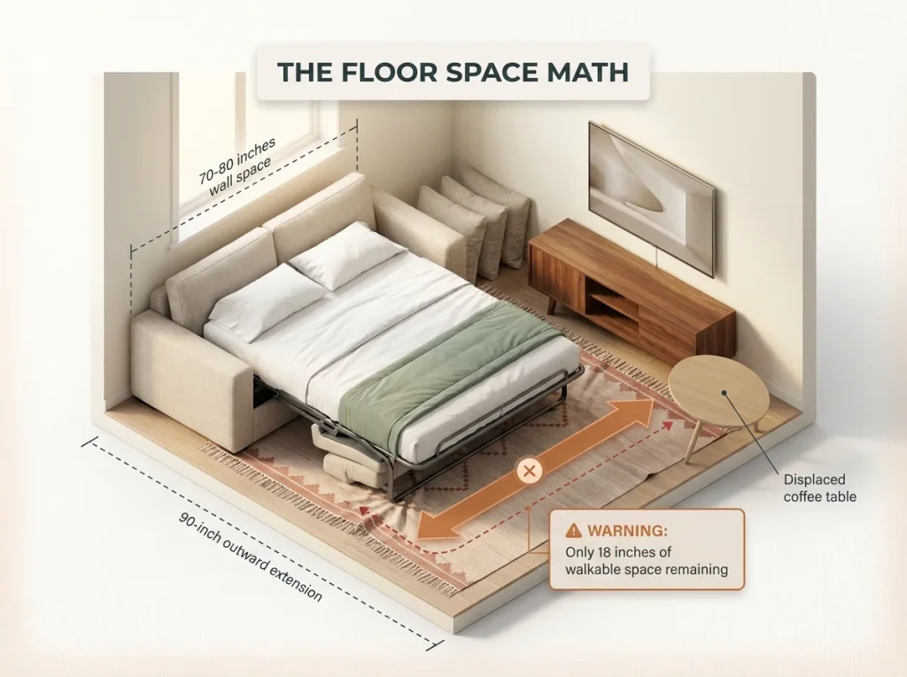 Infographic showing sofa bed open footprint in small apartment living room with clearance measurements and spatial warnings