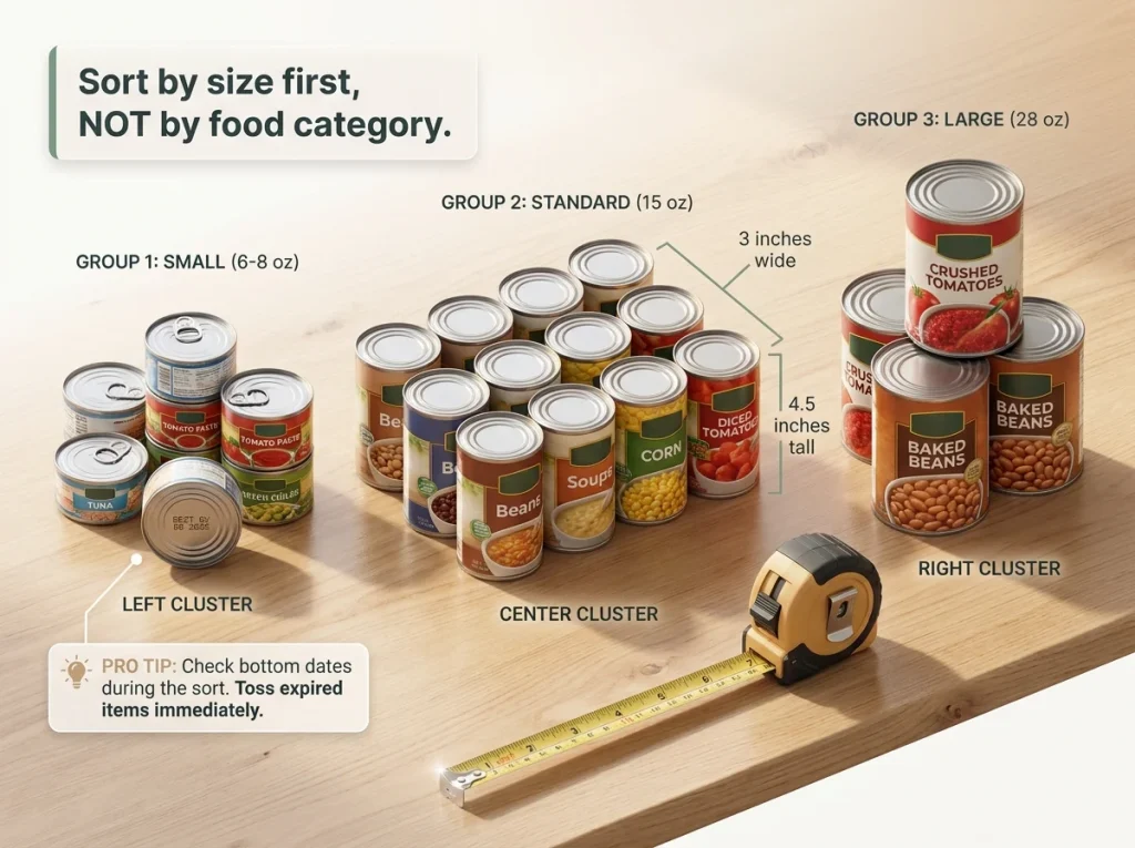 Infographic showing pantry cans sorted into three distinct size piles on a wooden counter with a tape measure