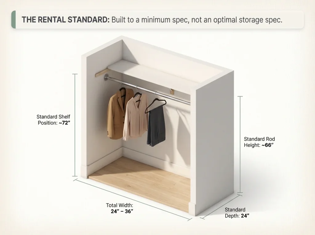 Infographic showing standard apartment closet dimensions with labeled measurements for rod height, shelf position, width, and depth