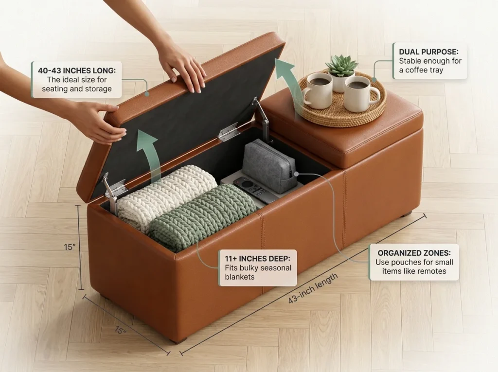 Infographic showing interior organization of a 43-inch storage ottoman with folded blankets and coffee table surface