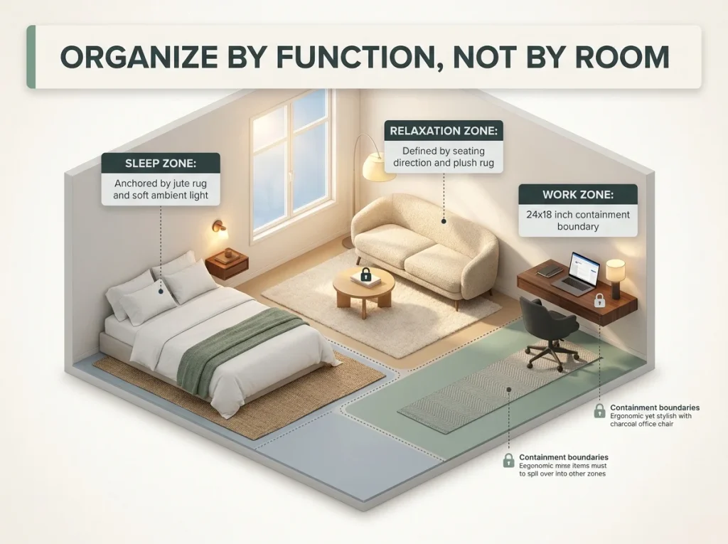Infographic showing a studio apartment divided into work, relaxation, and sleep zones using furniture and rugs