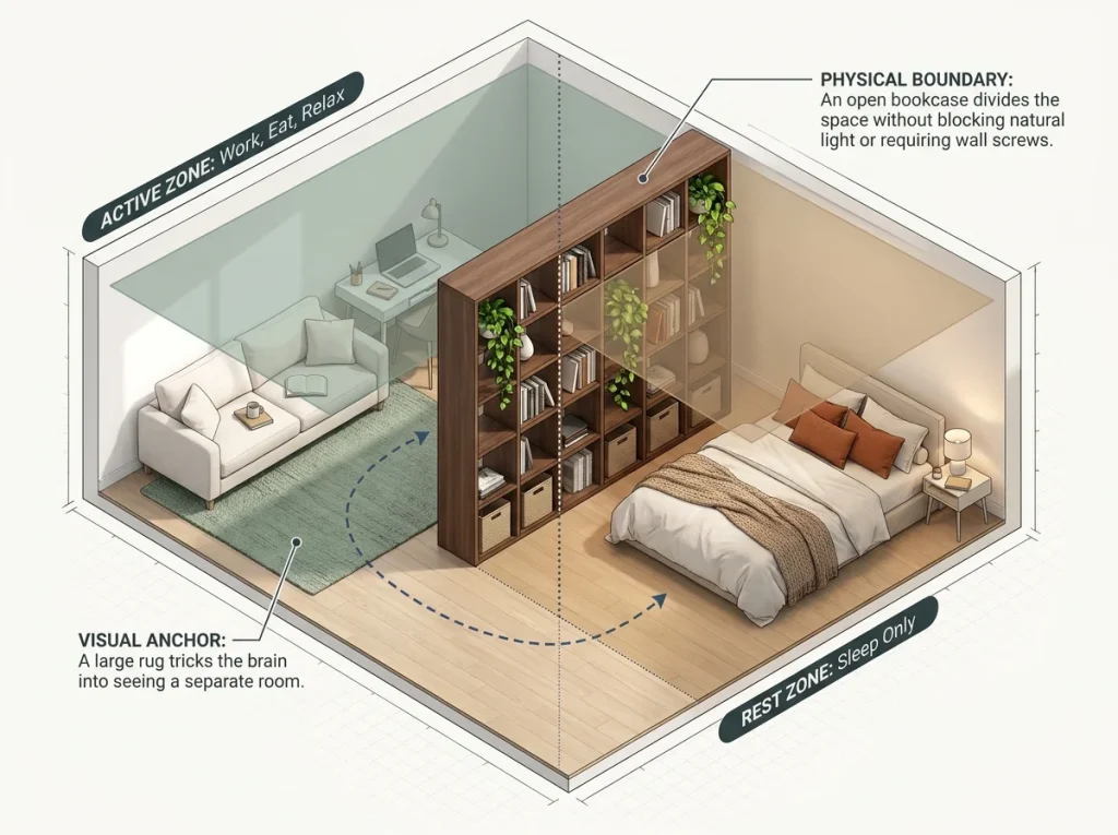 Infographic showing a studio apartment layout utilizing a bookcase as a room divider to create distinct living and sleeping zones