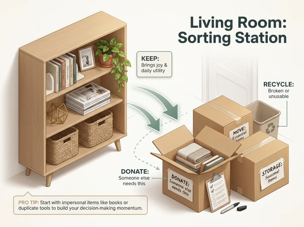 Infographic showing an organized living room bookshelf and labeled donation boxes illustrating the Swedish death cleaning process
