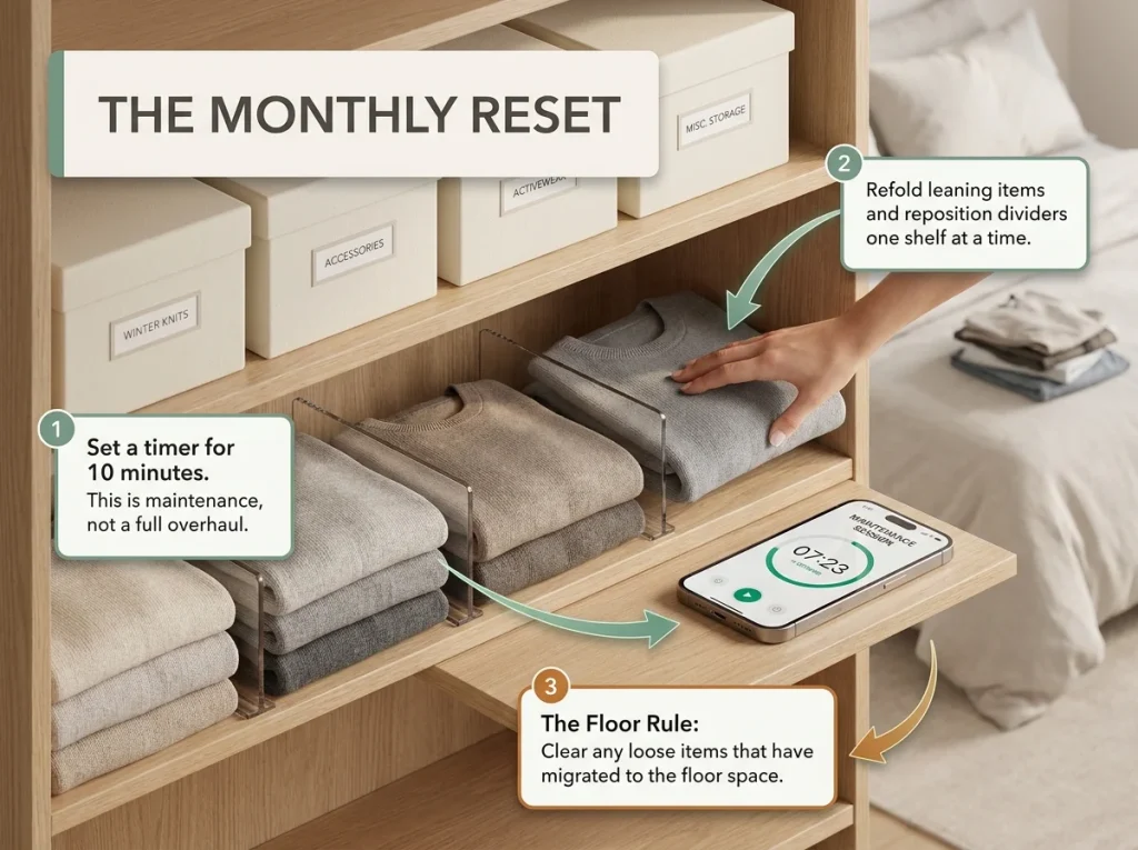 Why Your Closet Shelf Piles Keep Falling Over 10 Infographic showing the 10-minute monthly closet reset routine with timer, partially organized shelves, and sorting pile