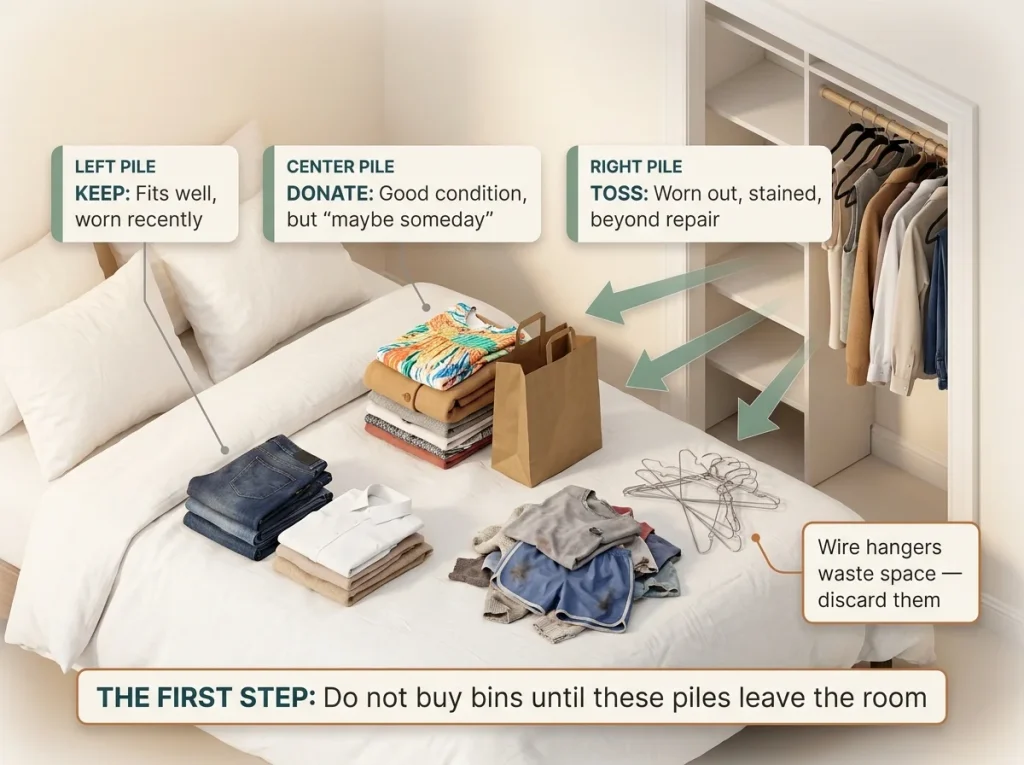 Why Budget Closet Makeovers Always Revert 2 Infographic showing the three-pile wardrobe edit process with keep, donate, and toss piles next to a half-empty closet