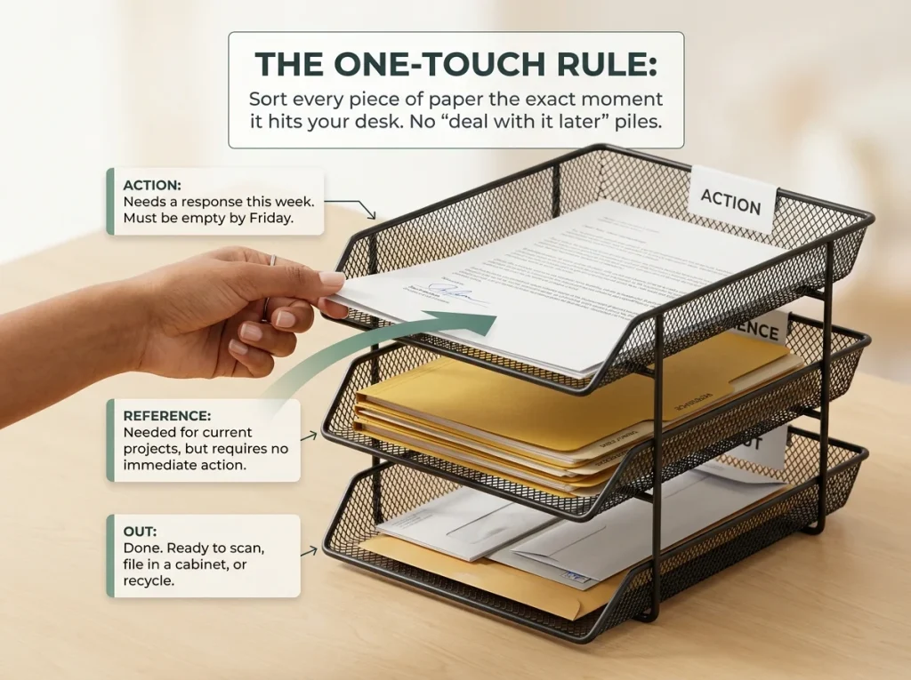 Infographic detailing the three-tray paper system with action, reference, and out trays for managing desk clutter