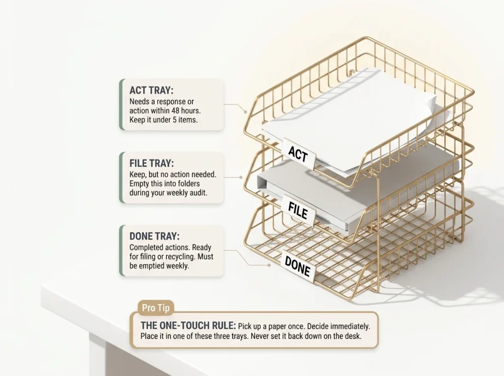 Infographic showing a three-tray desk paper system with labeled act, file, and done wire baskets