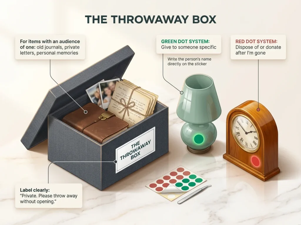 Infographic detailing the Swedish death cleaning throwaway box and red-green sticker dot system for private items