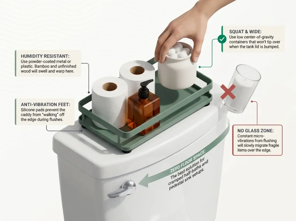 Infographic showing proper use of a toilet tank caddy with safe container types, moisture-resistant materials, and safety tips