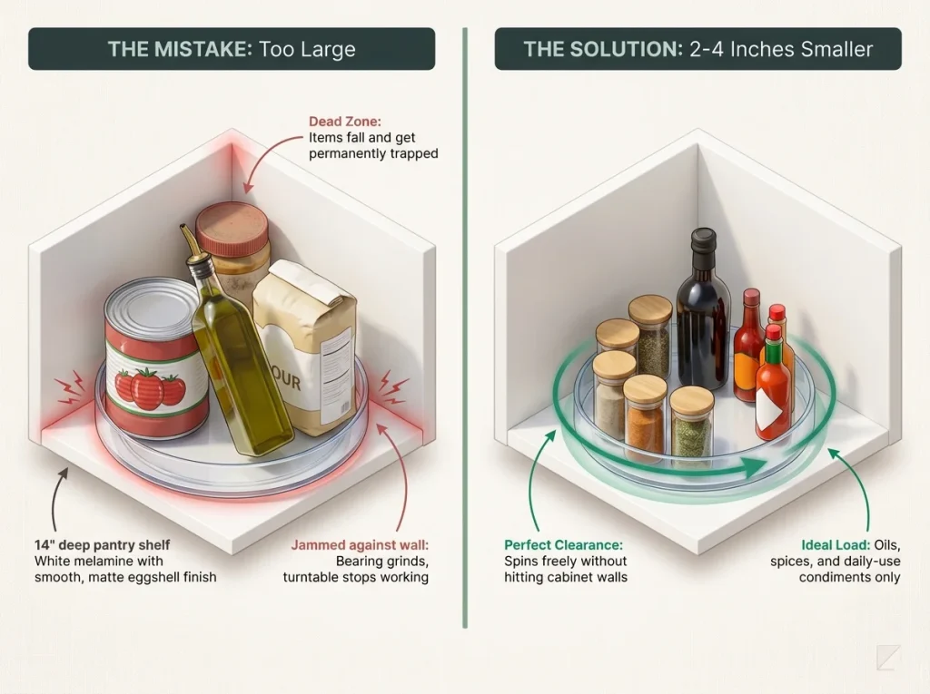 Infographic comparing a jammed too-large turntable with a correctly sized lazy susan showing proper shelf clearance.