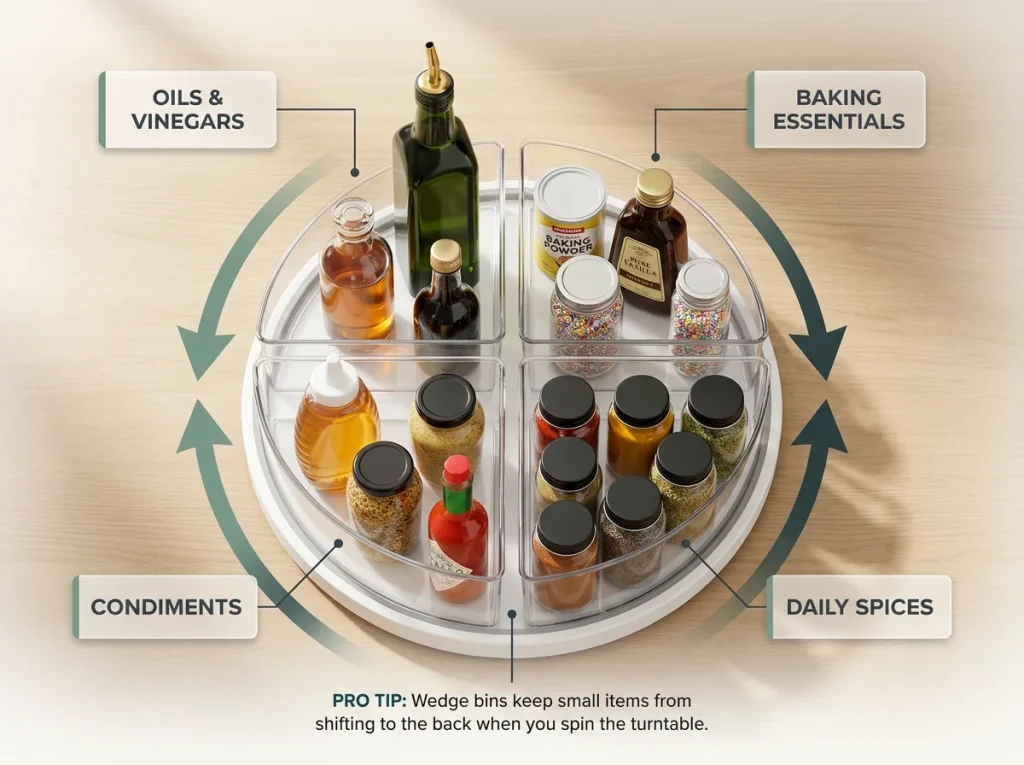 Infographic showing corner cabinet turntable with 4 wedge bins organizing oils, spices, baking, and condiments