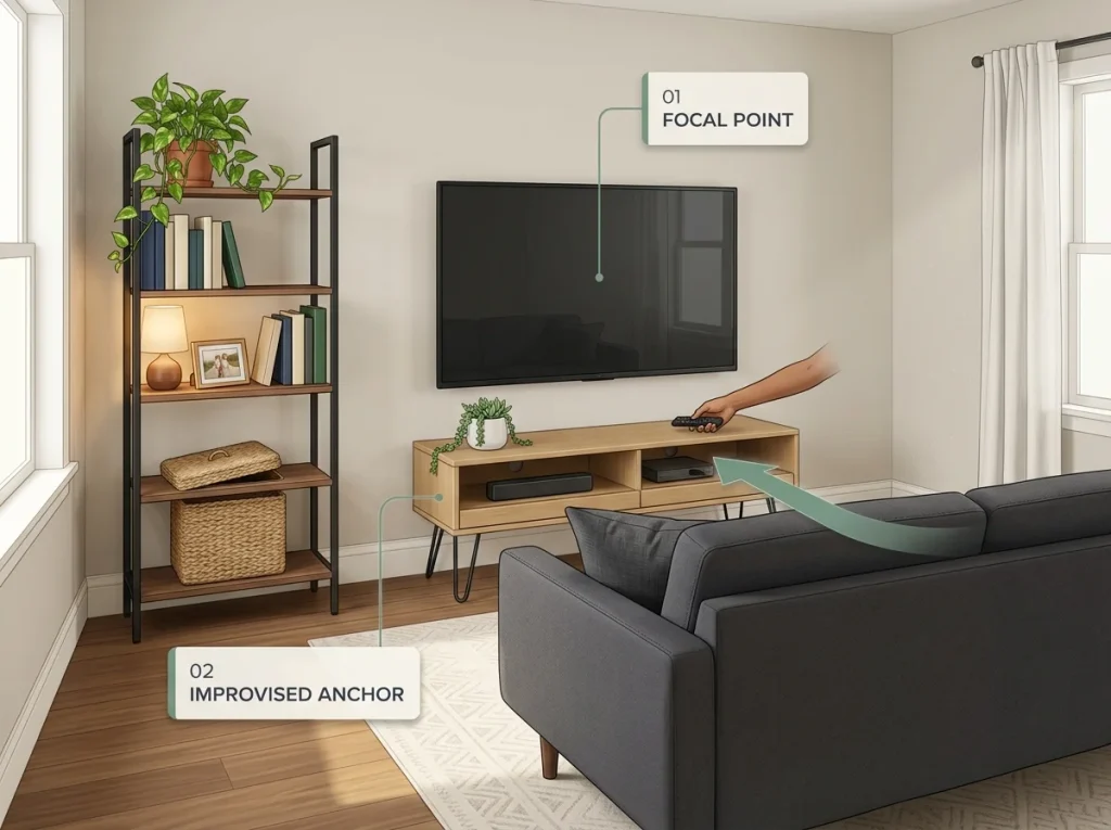 Small apartment living room with TV wall as focal point, sofa facing low-profile media stand, bookshelf accent wall, lived-in details
