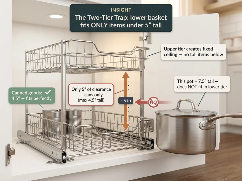 Two-tier pull-out trap: chrome 2-tier organizer fully extended with stainless pot showing it's too tall for the 5-inch lower basket clearance