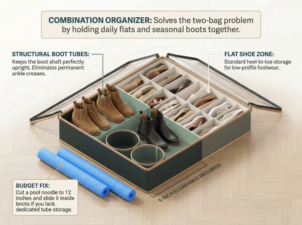 Infographic demonstrating under-bed boot storage featuring tube compartments for ankle boots and flat sections for everyday shoes