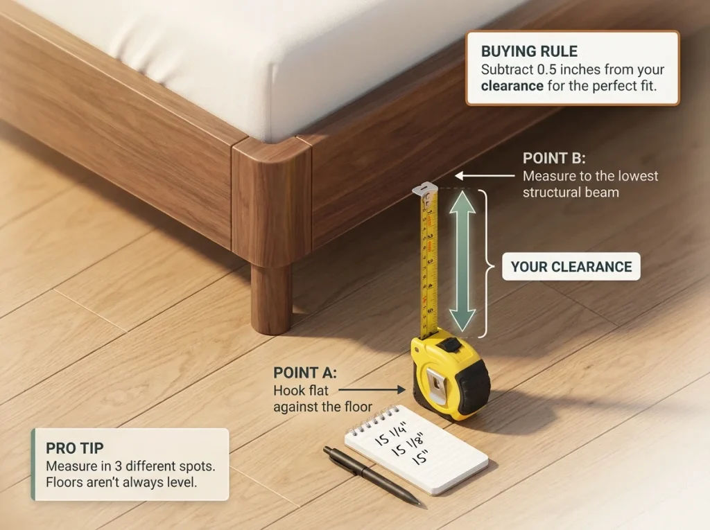 Infographic showing how to properly measure under-bed clearance with a tape measure, featuring labeled anchor points and a measurement notepad