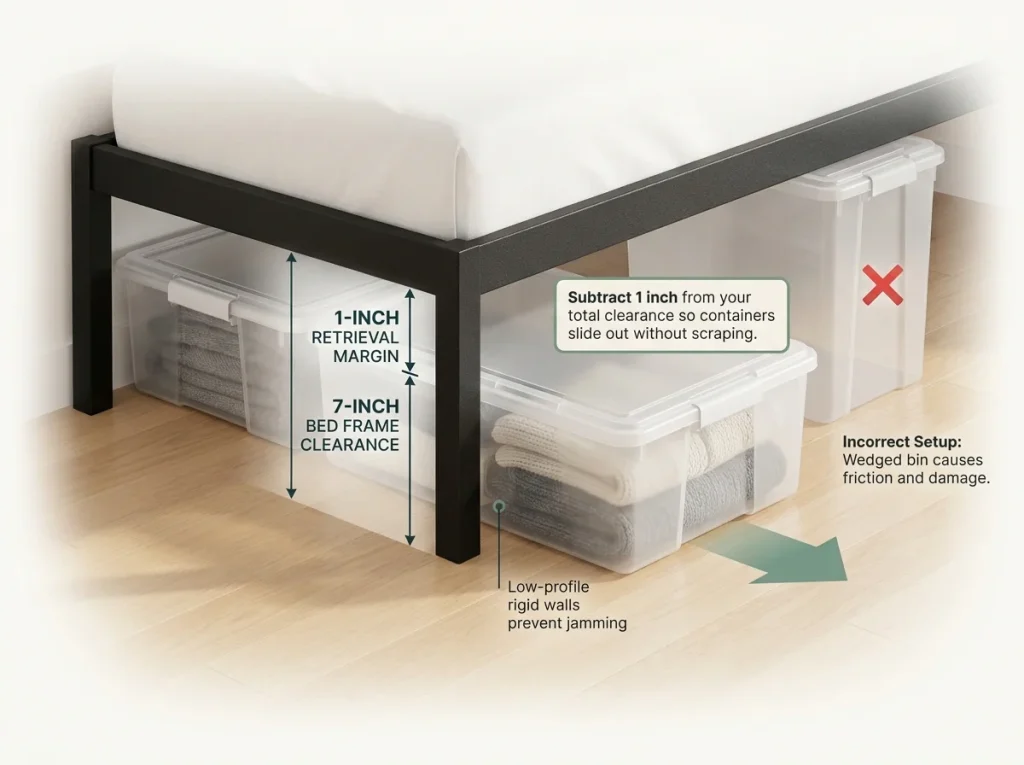 Infographic showing under-bed storage clearance measurement and properly fitted low-profile clear containers
