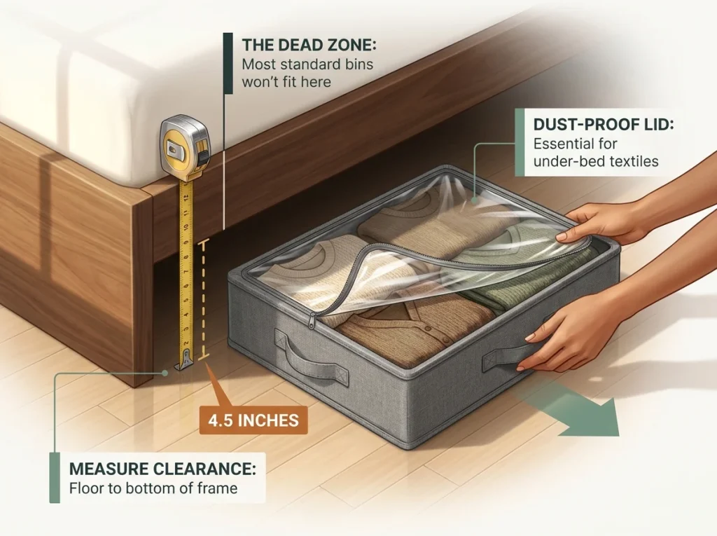 Infographic showing hands measuring 4.5 inch under-bed clearance and pulling out a low-profile fabric storage container