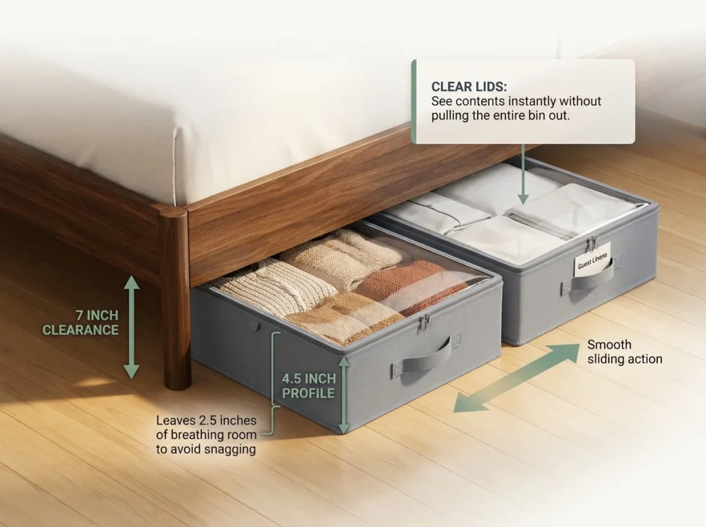 Infographic showing low-profile under-bed storage containers fitting under a platform bed frame