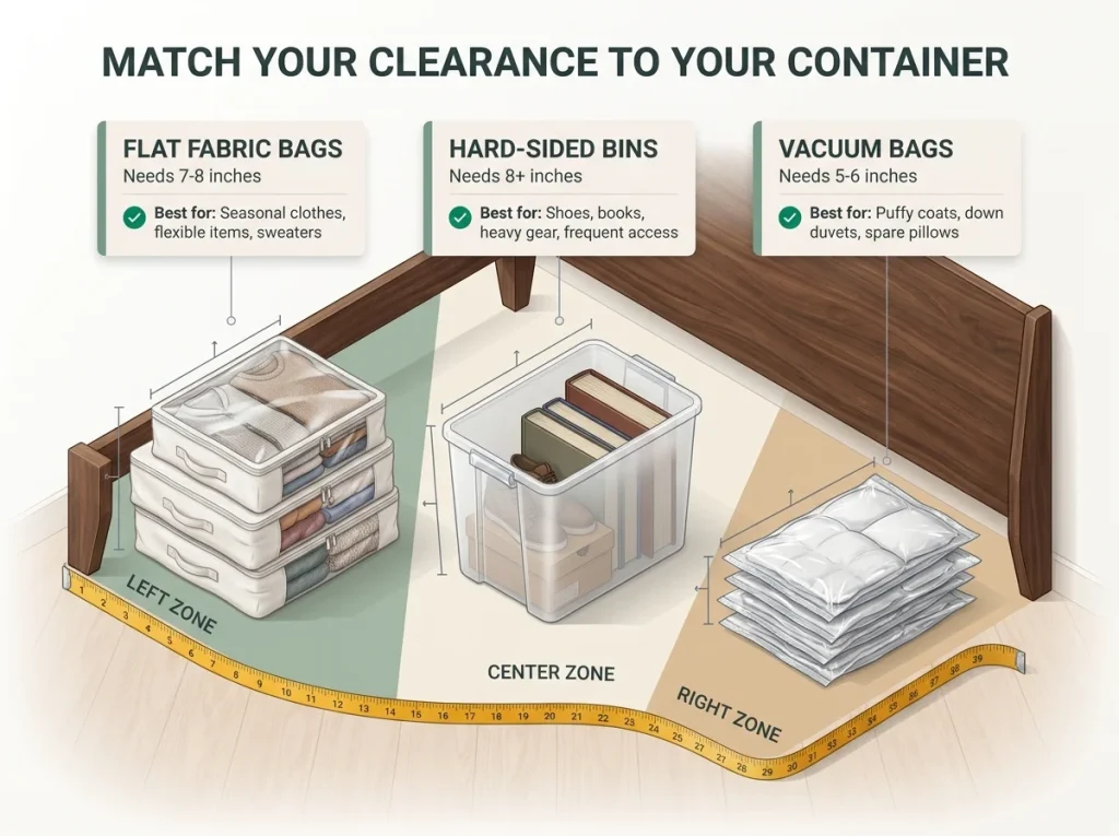 Infographic comparing three under-bed storage container types with labeled clearance zones, fabric bags, hard bins, and vacuum bags