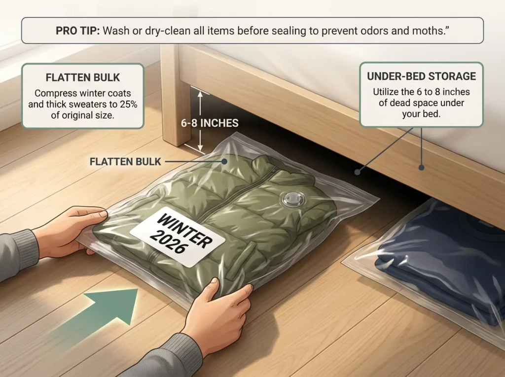 Too Many Clothes? How to Organize a Closet That Stays Neat 9 Infographic showing hands sliding a vacuum-sealed bag with winter clothes under a bed to free up closet space.