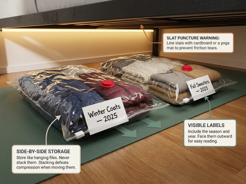 Infographic showing properly packed vacuum storage bags stored side by side under a metal bed frame