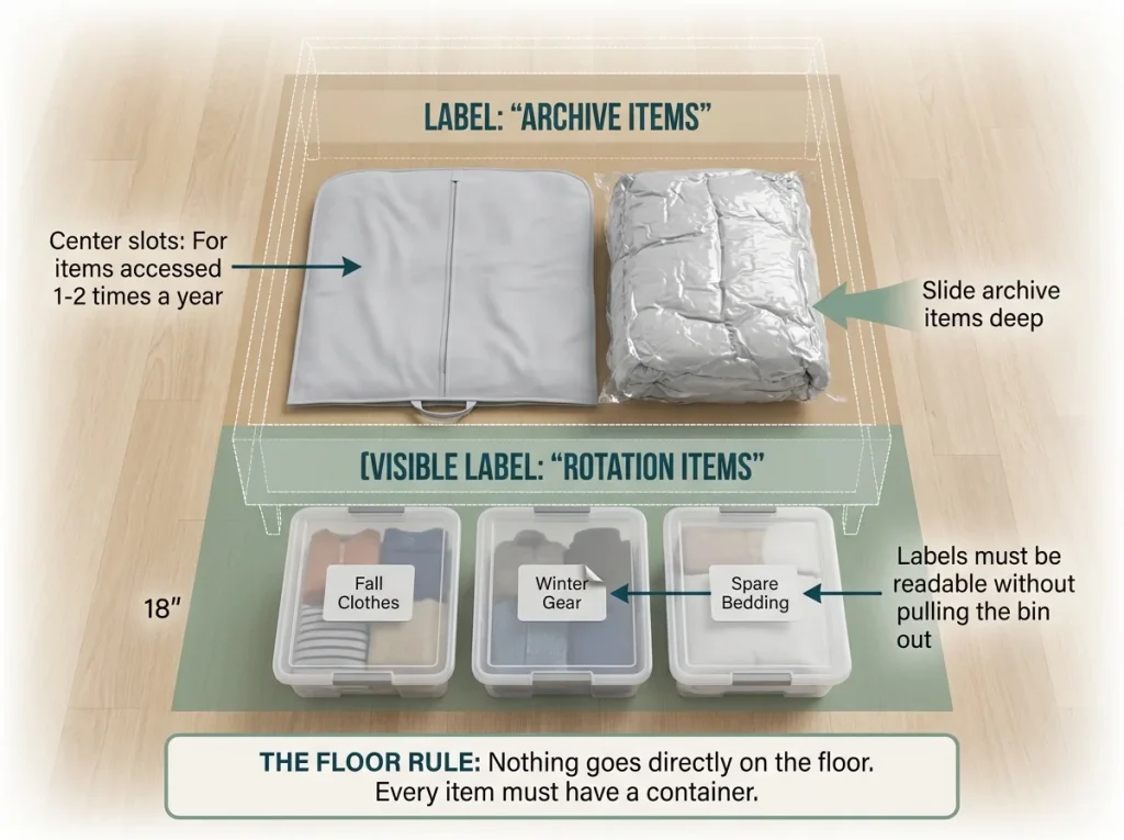 Infographic showing an overhead map of an under-bed storage layout with perimeter rotation bins and center archive items