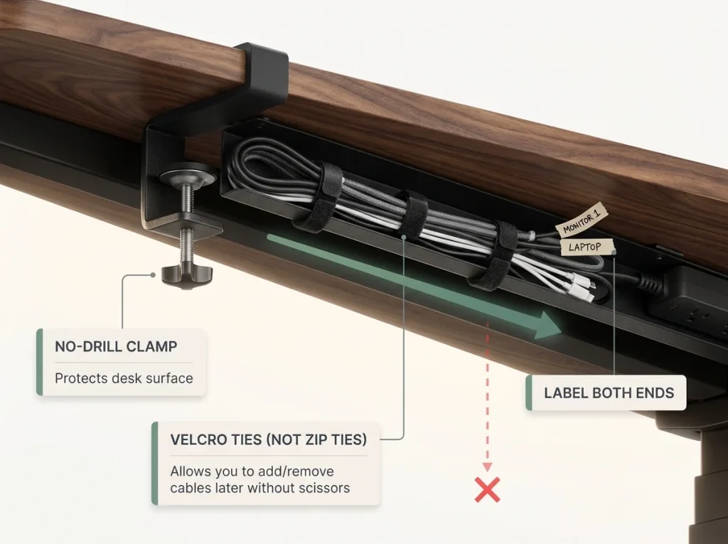 Infographic showing under-desk cable management tray with clamp mount and velcro bundled cords