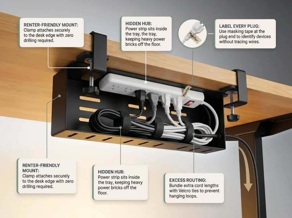 Infographic showing under-desk cable management tray clamped to edge with labeled hidden power strip and routed cords