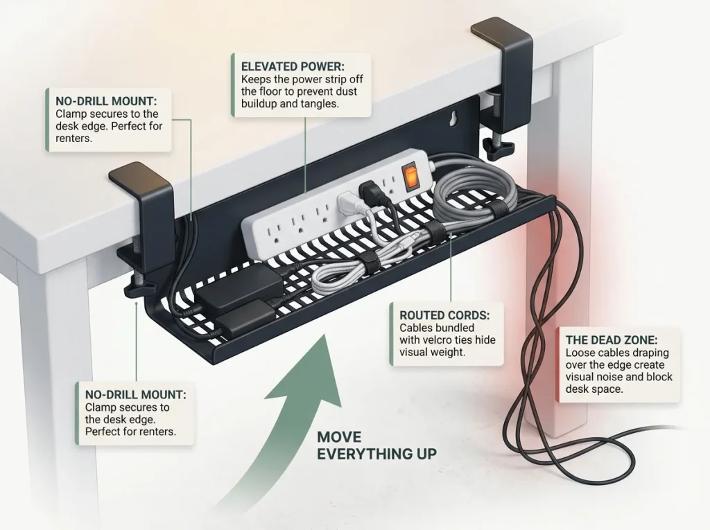 Infographic showing an under-desk cable management tray hiding power strips and routing cords to eliminate visual clutter