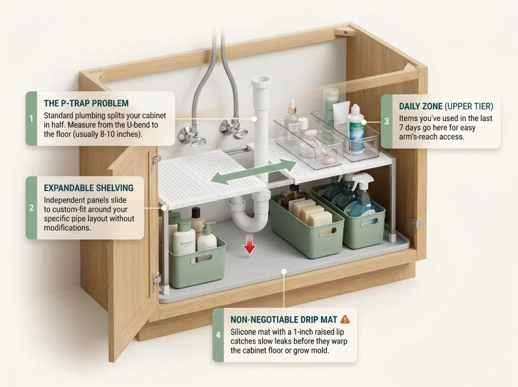 Infographic showing an organized under-sink bathroom cabinet with an expandable shelf fitting around the P-trap pipe