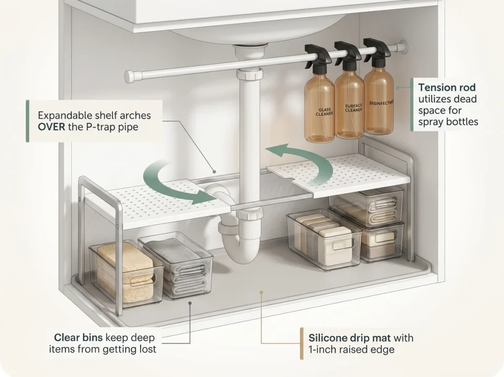 Infographic showing an open under-sink cabinet with an expandable shelf wrapping around the P-trap pipe and a tension rod