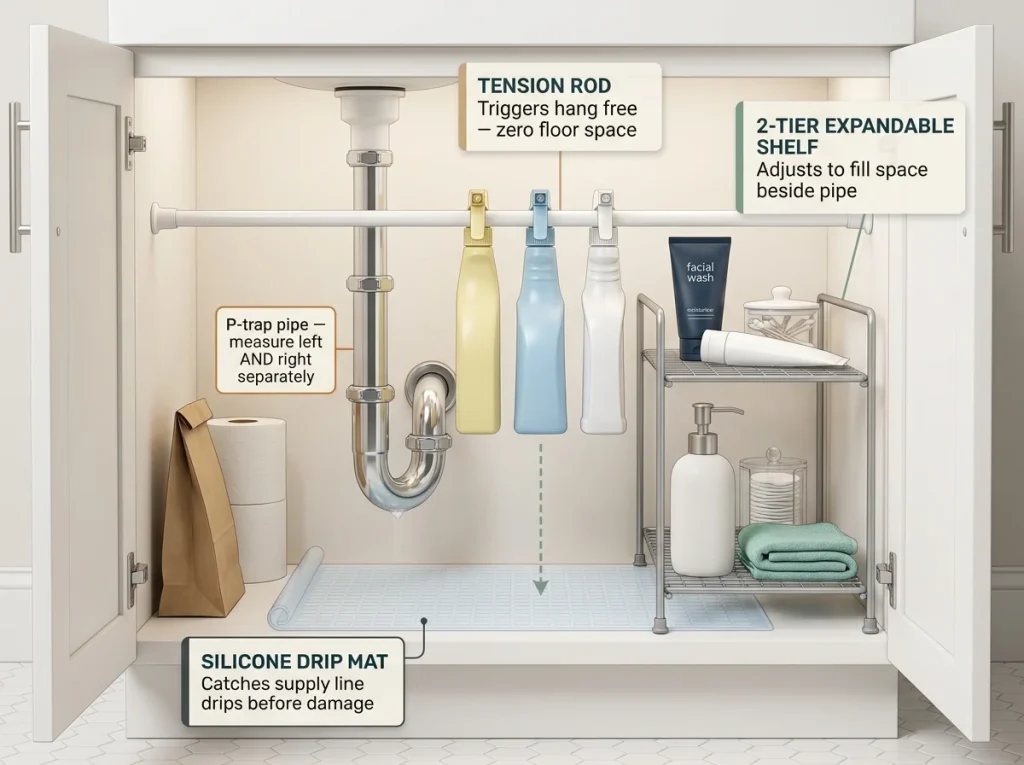 Editorial interior view of open bathroom vanity cabinet showing 2-tier metal organizer beside P-trap pipe, tension rod with hanging spray bottles, and silicone drip mat on cabinet floor