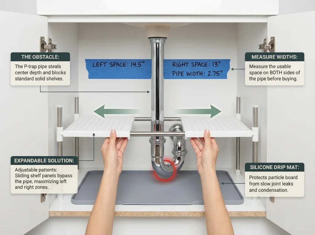 Infographic showing how to organize an under-sink bathroom cabinet around a P-trap pipe with an expandable shelf