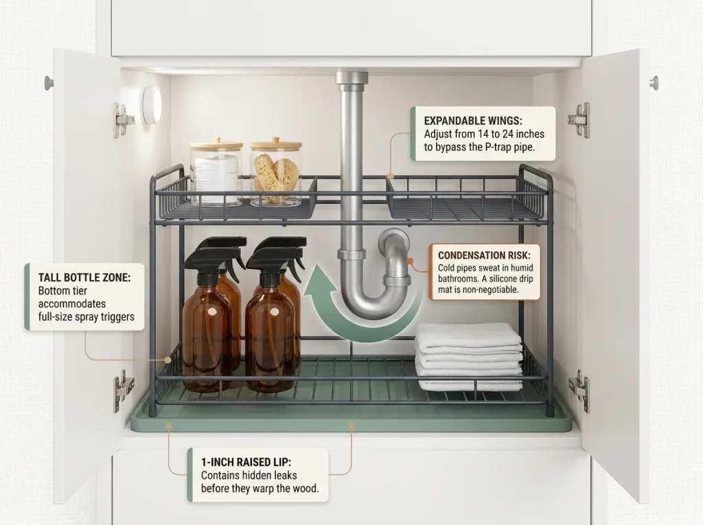 Infographic showing an organized under-sink space with labeled expandable wire rack, P-trap clearance, and silicone drip mat