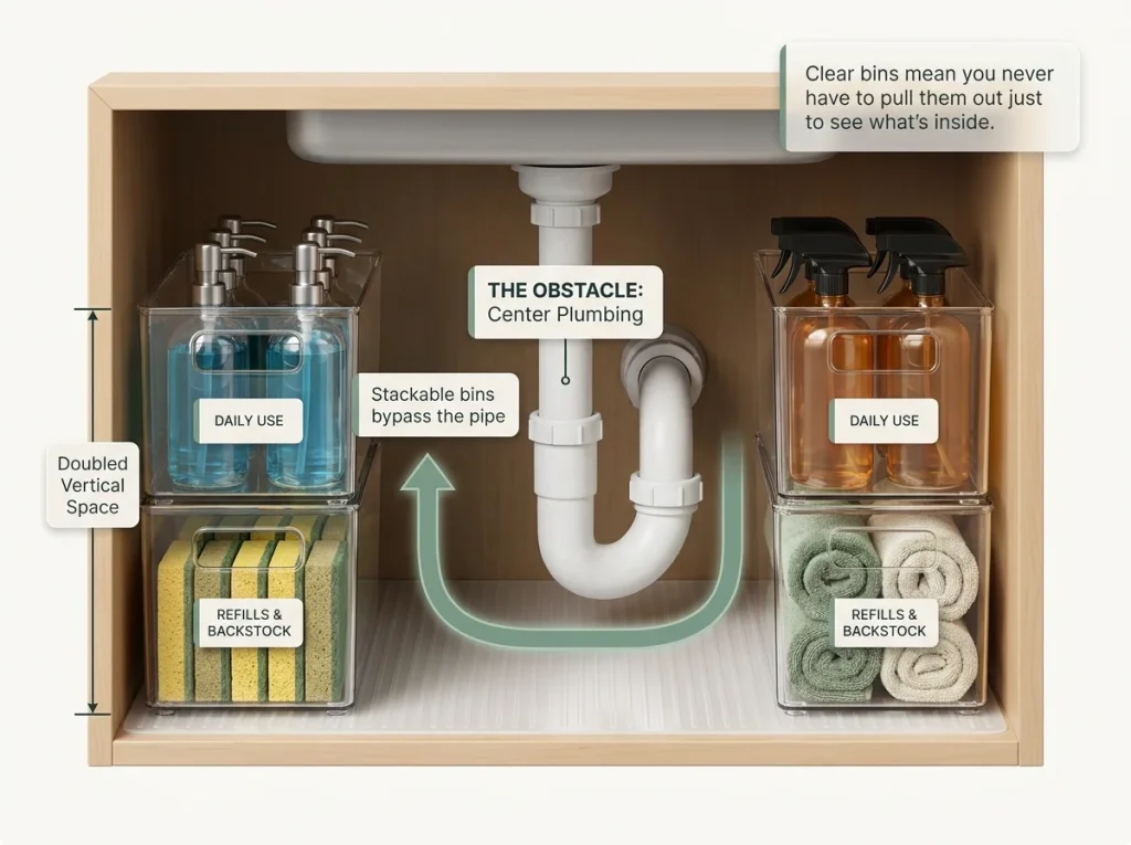 Infographic showing under-sink organization with labeled stackable bins fitting around center plumbing pipes and cleaning supplies