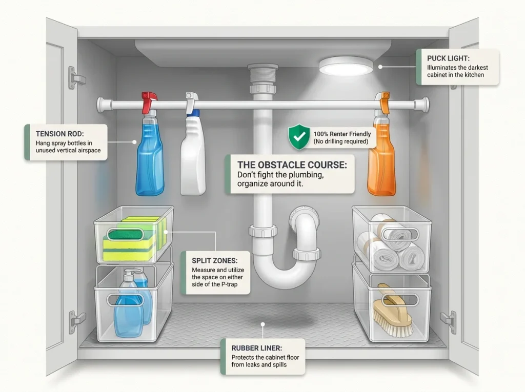 Infographic showing under-sink kitchen cabinet organized around plumbing with tension rod and stackable bins